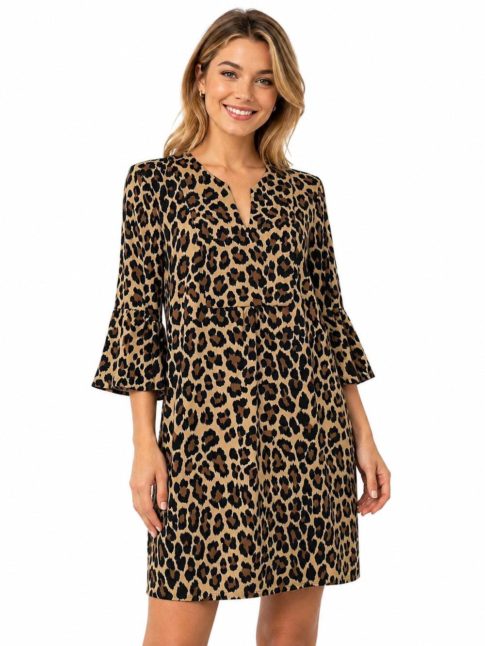 Jude Connally Kerry Dress Leopard Print Jude Cloth Bell Sleeve Shift EUC Size XS